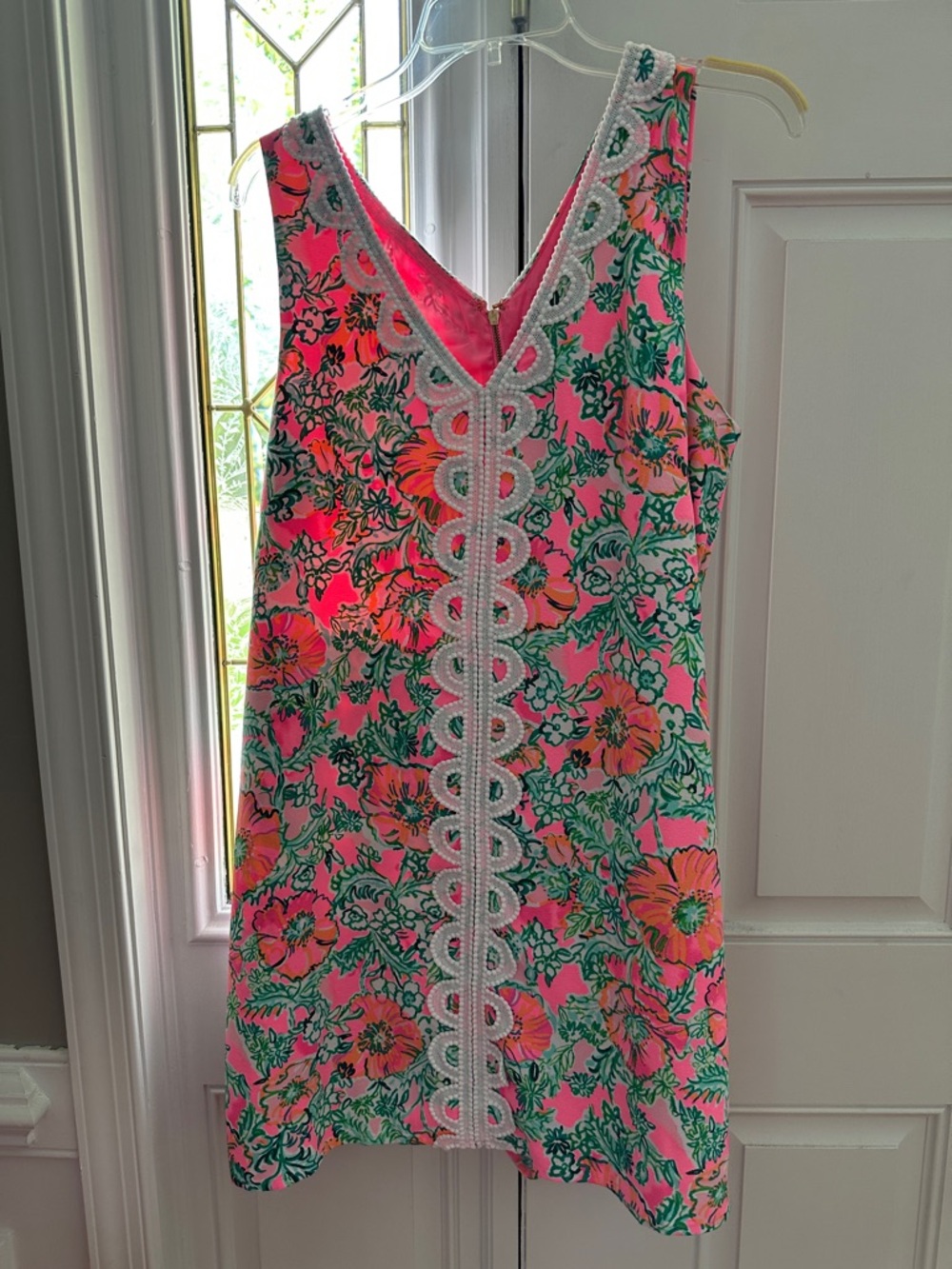 Sleeveless Pink Floral Shift Dress/Romper with White Lace Trim